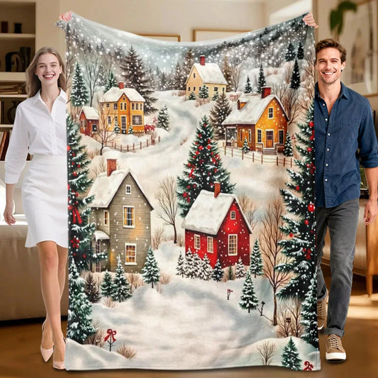 1 piece Christmas village-themed flannel blanket, perfect for sofa, bed, office. Ideal gift for family, friends, and holidays.