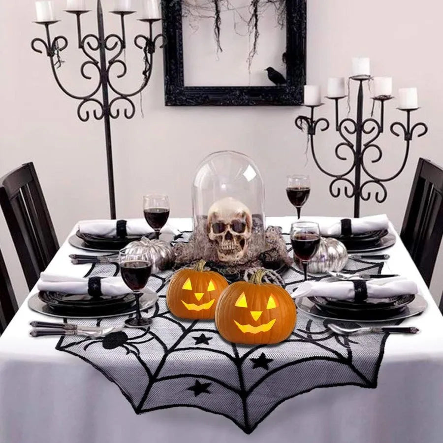32 PCS Horrible dration set Lace Tablecloth Spider Web Pentagram Round Table Mat Black Spider Web Fireplace Cloth Suitable For