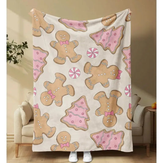 Christmas themed pink gingerbread blanket, can be used for sofa, lunch break, travel, holiday gifts, camping, home decoration