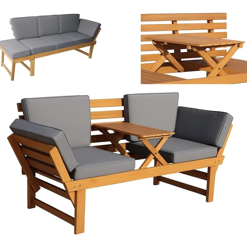 Outdoor Acacia Wood Patio 3 Seat Lounge with Fold Down Center Table - Weather Resistant Ourdoor Furniture with Wooden Frame Stru