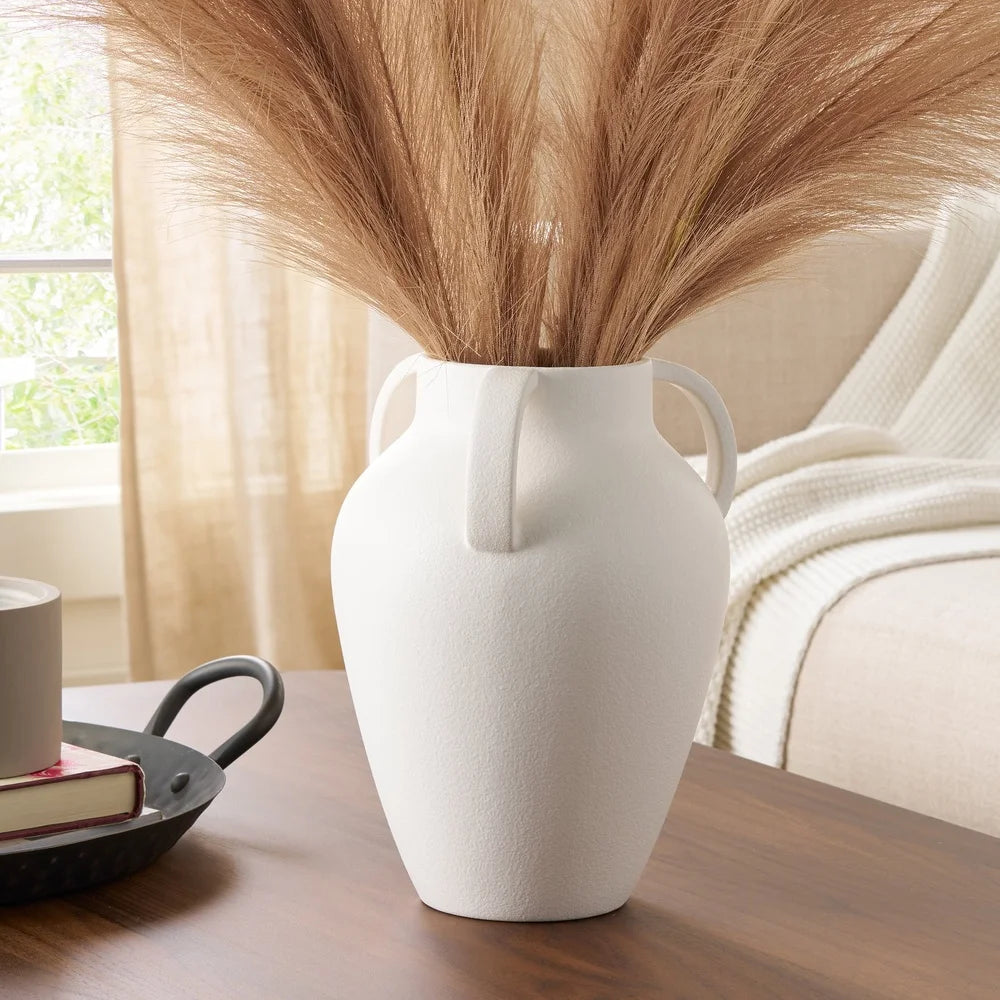 Handcrafted Ceramic Vase with Tapered Shape and Three Handles Decorative Home Accent Living Room Dining Office and More
