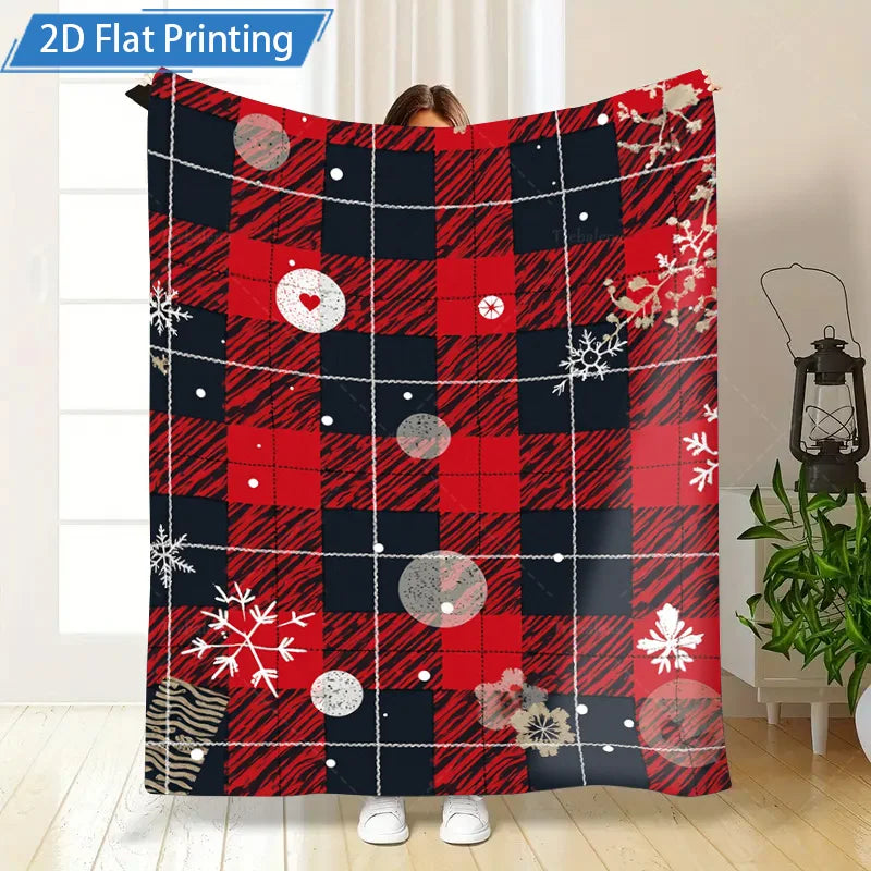 1pc Flannel Blanket Christmas Plaid Fleece Blanket with Snowflakes and Hearts - Cozy Holiday Decor