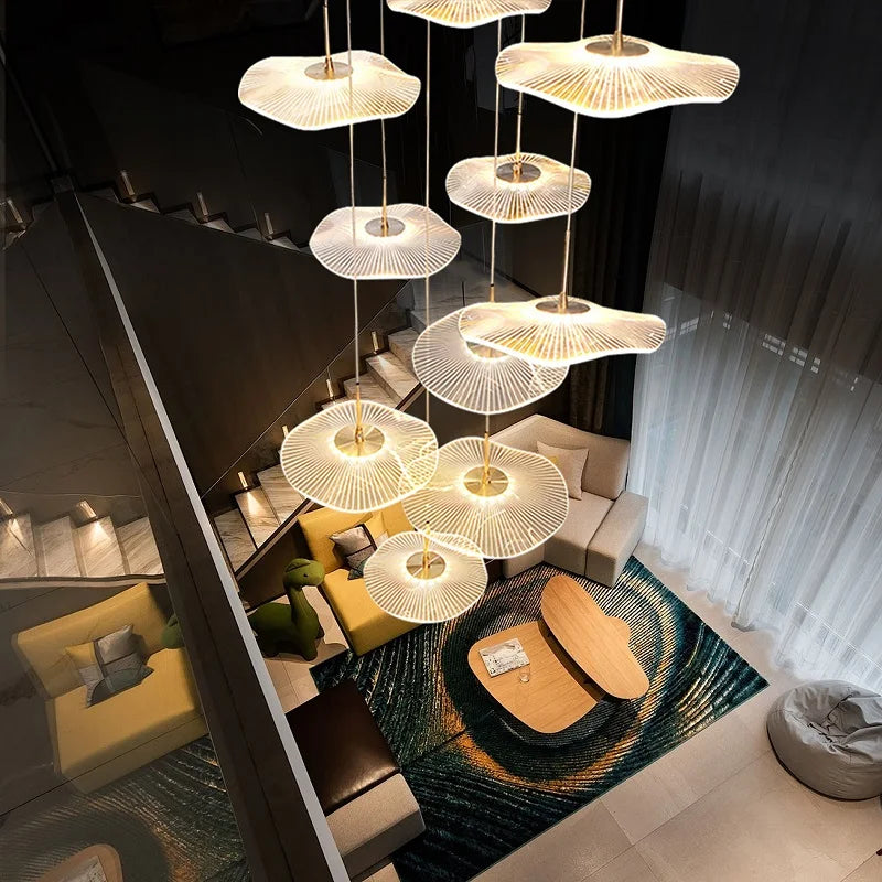 Modern LED Lotus Leaf Shaped Ceiling Chandelier Lobby Living Room Stairs Loft Pendant Lights Creative Golden Decor Hanging Lamp