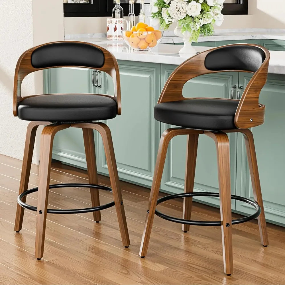 Bar Stools Set of 4, 26" Counter Height Bar Stools with Bentwood Legs, Mid Century Modern Faux Leather Upholstered Barstool