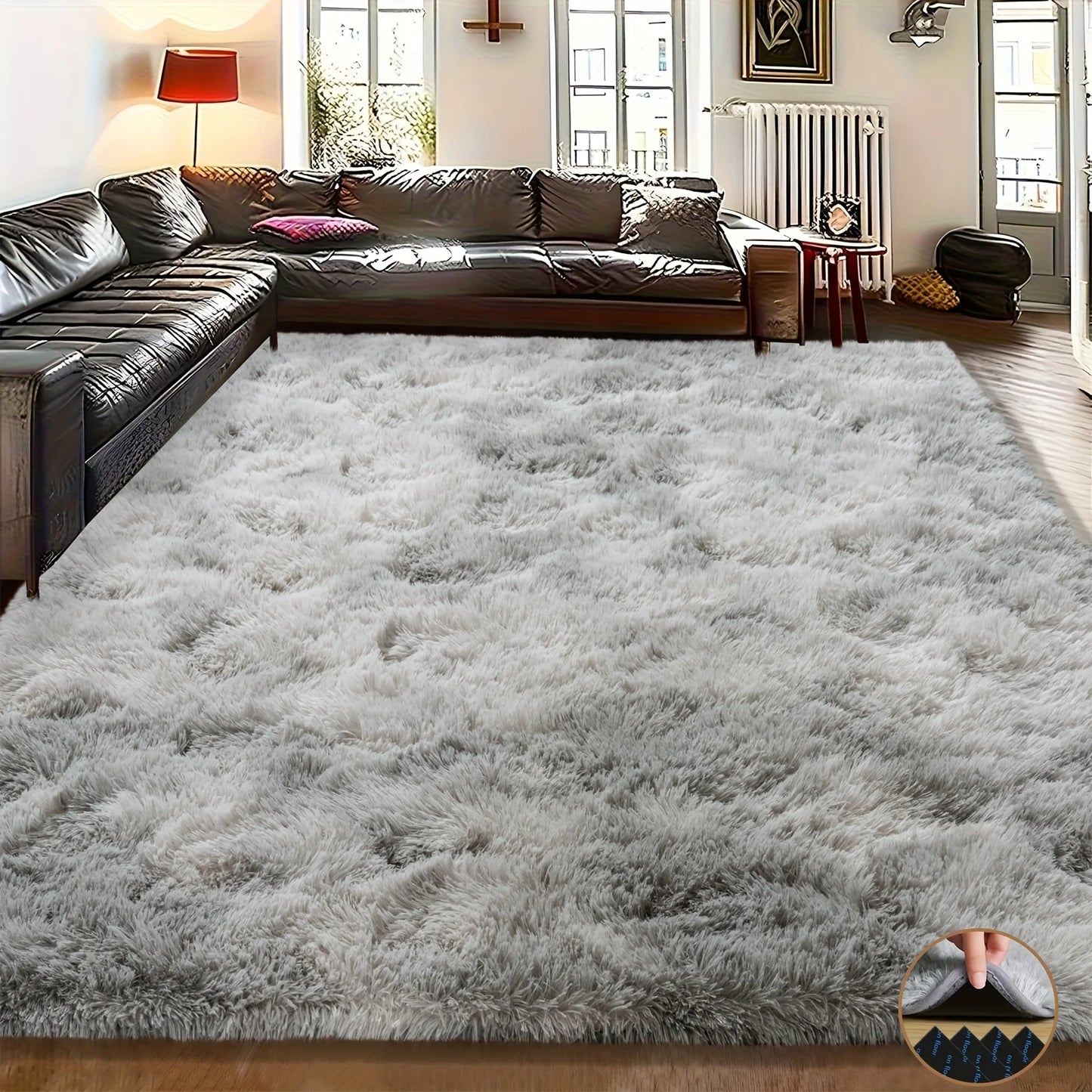 Fluffy tie-dyed gray carpet, suitable for living room, bedroom and room carpet, upgraded non-slip home decoration carpet.