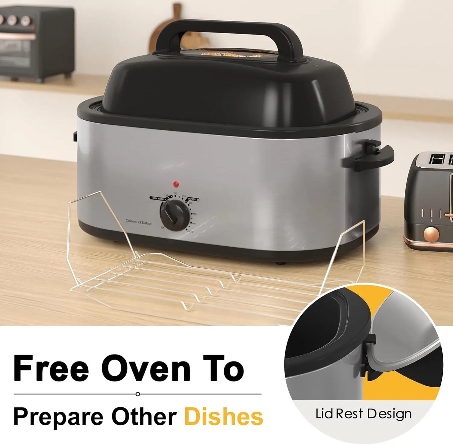 Roaster Oven, 26Qt Turkey Roaster Oven Buffet with Self-Basting Lid, 1450W Electric Roaster Oven with Cool-Touch Handles, Stainl
