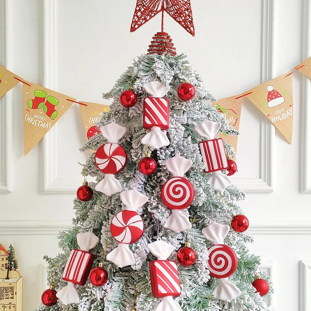 2pc 15cm Large Candy Pendant Christmas Decoration Red And White Lollipop PVC Painted Gold Xmas Tree Decora New Year Kids Gifts