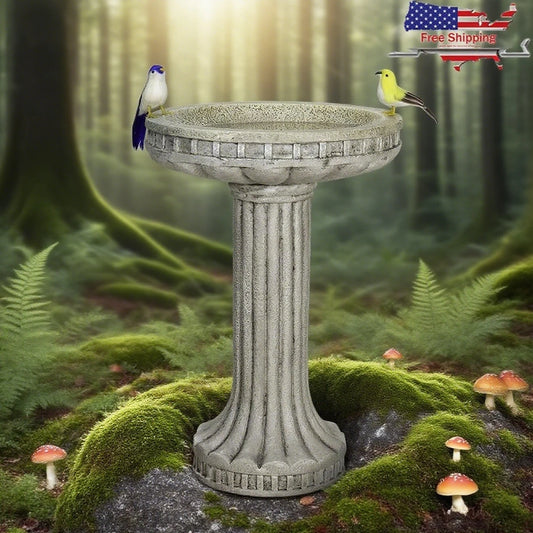 Durable 24" Fibre-Reinforced Concrete Bird Bath: Stylish Outdoor Pedestal Fountain to Decorate Garden & Attract Wildlife