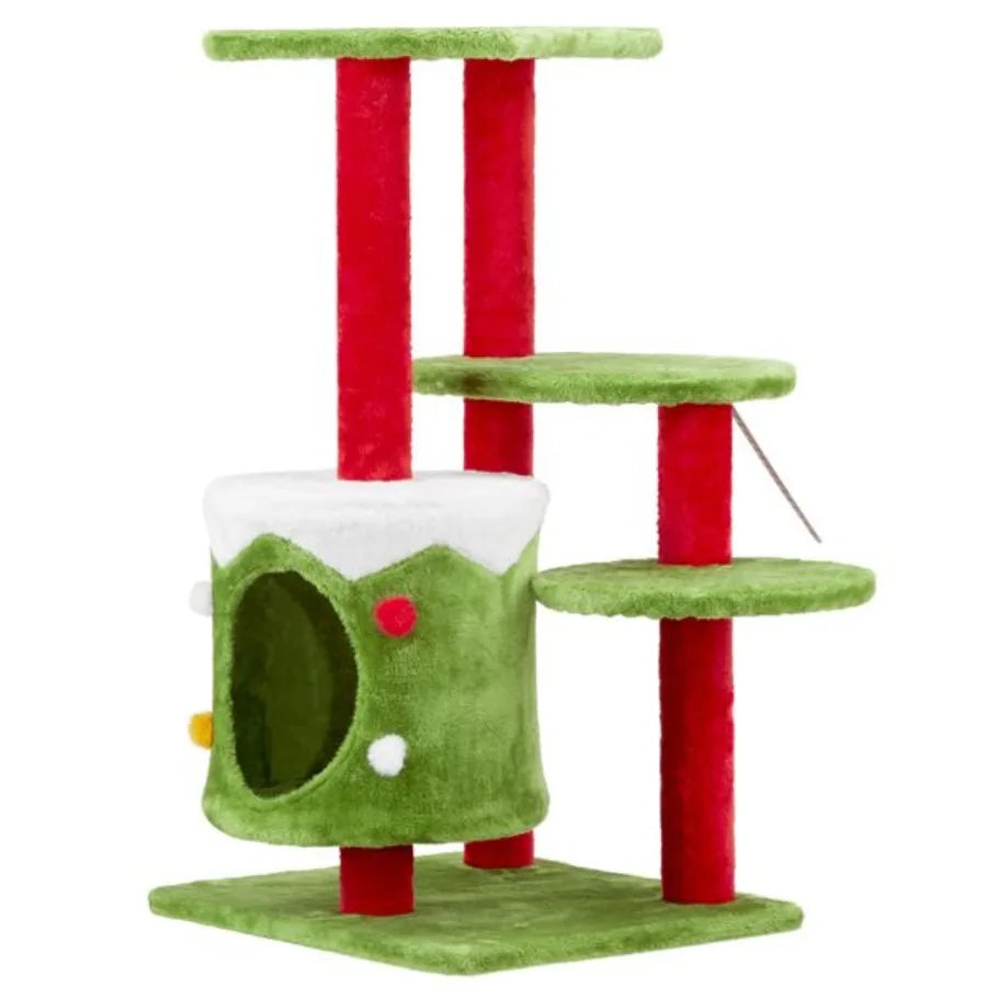 32in Christmas Themed Cat Tower with Cat Condo 3Level Plush Cat Tree Activity Center for Indoor Cats