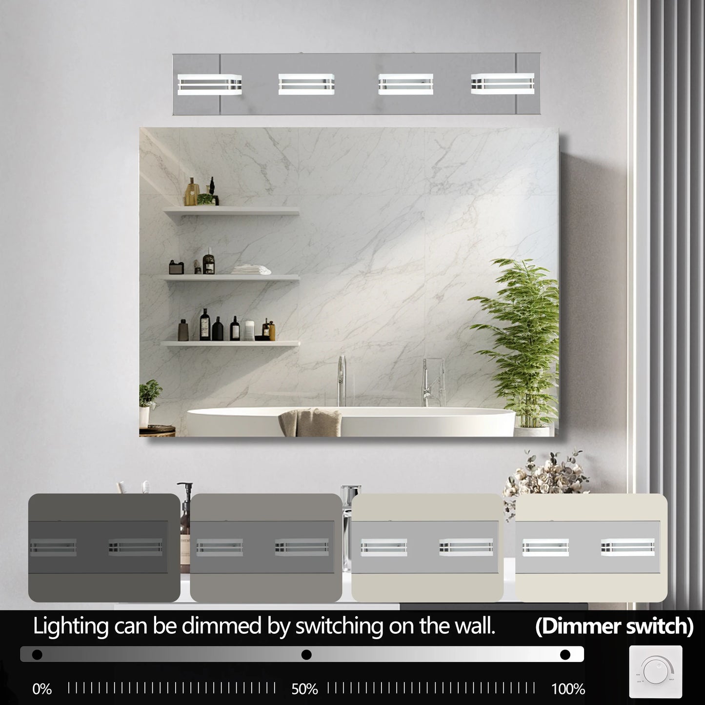 LED Modern Chrome Stainless Steel Vanity Lights, 4-Lights Acrylic Bathroom Vanity Light