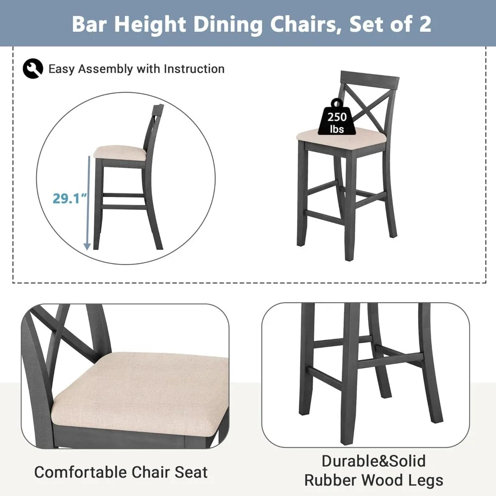 3 Piece Dining Bar Table Set, Counter Height Bar Table and Chair Set Farmhouse Kitchen Table Set with 2 Upholstered Chairs for K