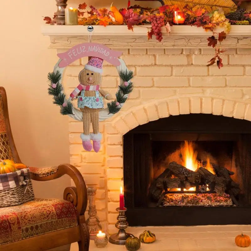 Christmas Gingerbread Man Doll Wreath Lighted Christmas Hangable Ornaments Gingerbread Welcome Garlands for Decorative Door