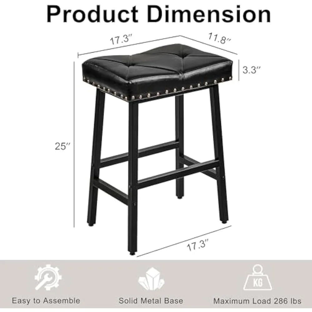 25 inch Counter Height Stools for Kitchen Island, 3.3'' Thick PU Upholstered Saddle Seats, Backless Bar Chairs with Metal Base