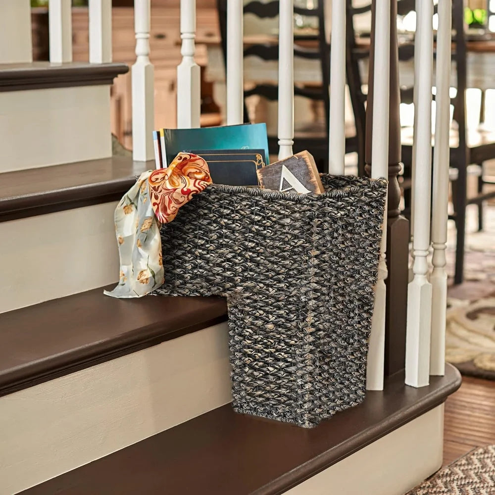 Black Rattan Stair Storage Basket with Handles Organizing Items Easy Carrying Utility Basket Decorative Home Storage Solution