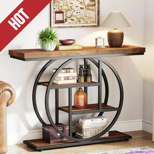 Customizable 41.3" Console Table, Industrial 4-Tier Sofa Table Entryway Table With Circle Base