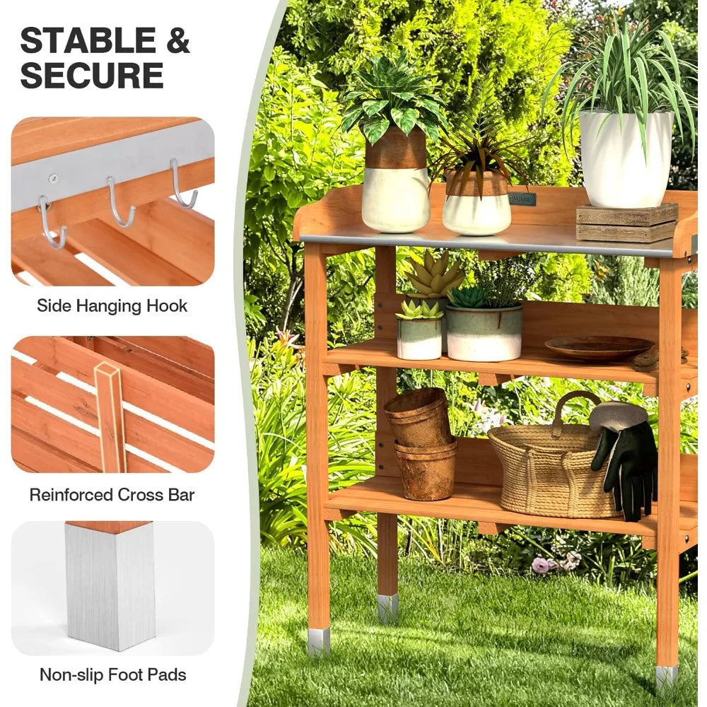 Garden Potting Bench, Outdoor Wood Workstation Table with Galvanized Steel Tabletop, 5 Hooks, 2-Tier Storage Shelves, Outside