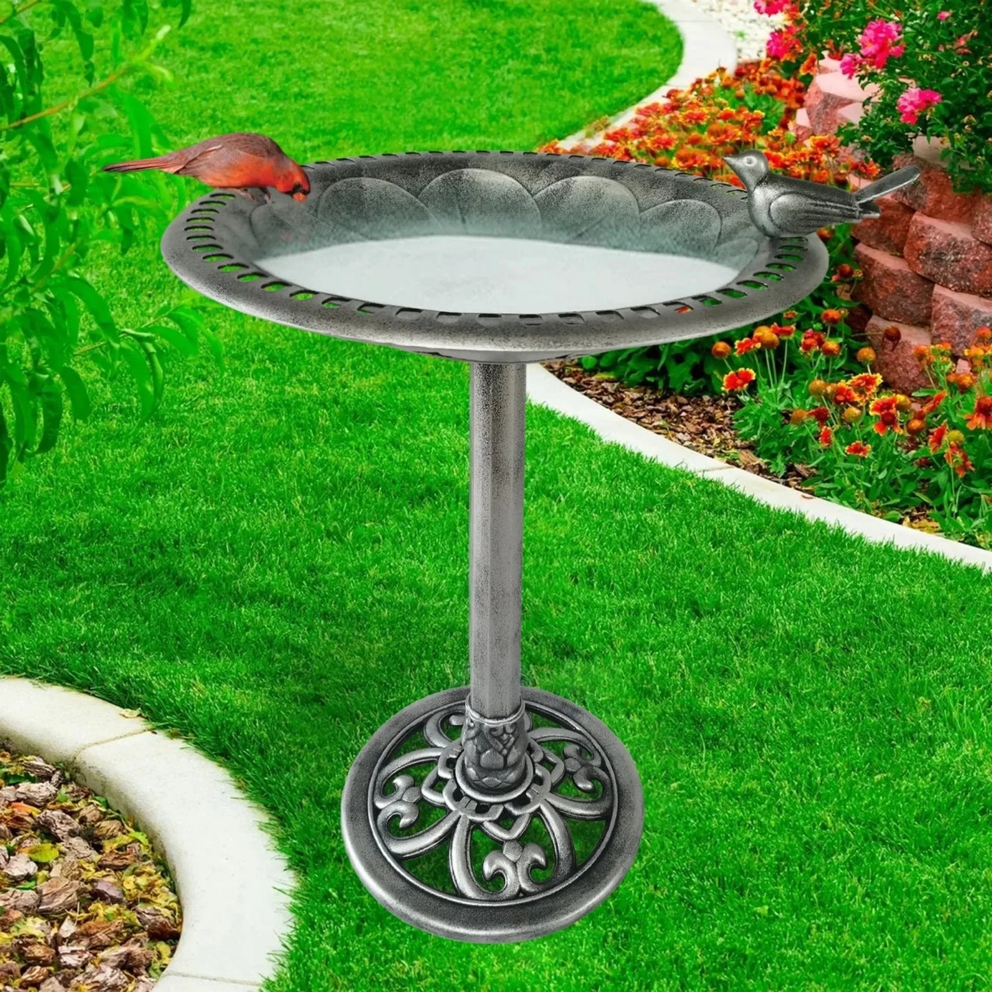Elegant Silver Bird Bath, 29 Inch Lightweight Polyresin Outdoor Garden Ornament