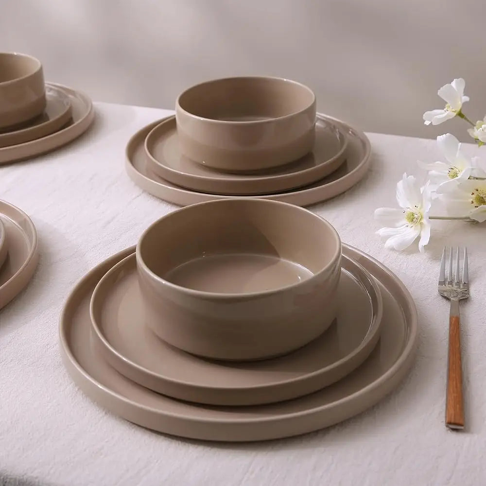 Nebula Plates And Bowls Set, 12 Pieces Dinnerware Sets, Dishes Set For 4, Cinnamon Brown
