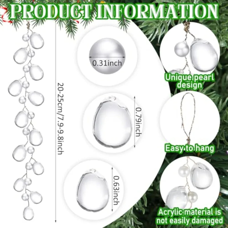 6 Packs Christmas Clear Garland Hanging Ornaments White Pearl Crystal Teardrop Acrylic Beads Xmas Tree Decorations Clear Chande