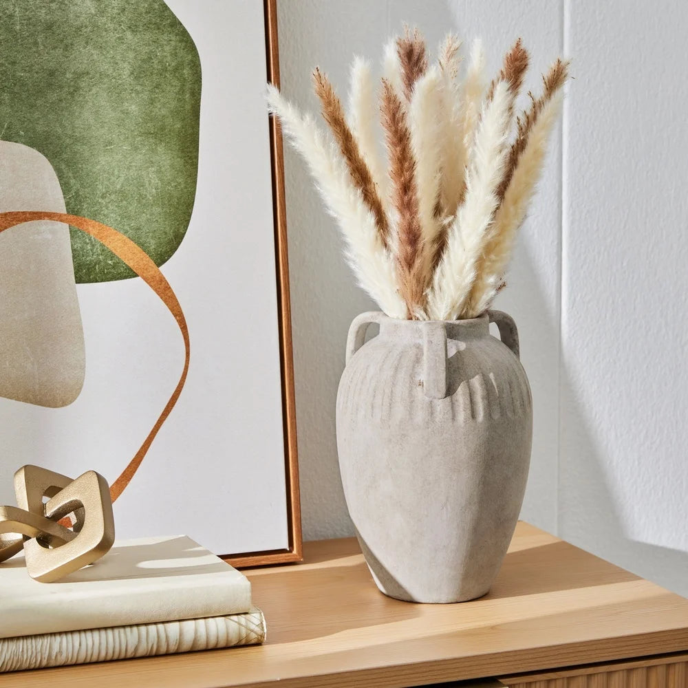 Three Handled Ceramic Vase 10 Inch Textured Decorative Accent Indoor Use Dried Floral Arrangement Home Decor