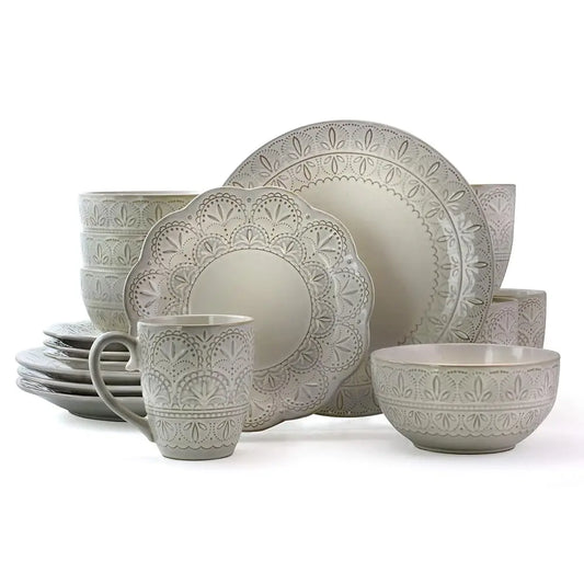 Elegant Round Emed Stoneware High Class Dinnerware Dish Set, 16 Piece, White