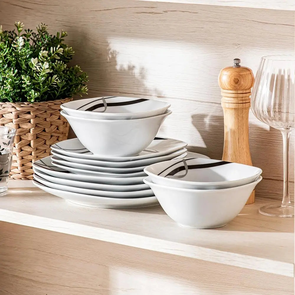 Porcelain Dinnerware Set, 12 Pcs Luding Dinner Plates, Dessert Plates And Cereal Bowls, Series Fiona