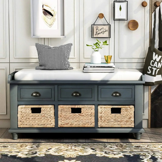 Rustic Storage Bench with 3 Drawers and 3 Rattan Baskets Removable Cushion for Entryway Hallway Front Door, Type 4