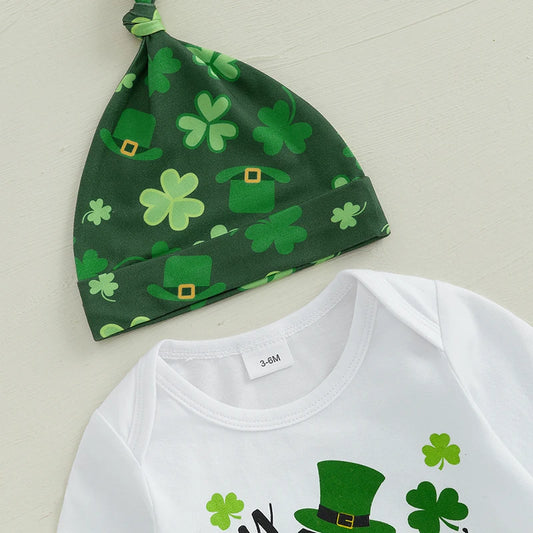 St Patrick s Day Baby Boys Shamrock Print Round Neck Long Sleeve Rompers Long Pants Hat 3Pcs Outfit Set in Ireland Theme