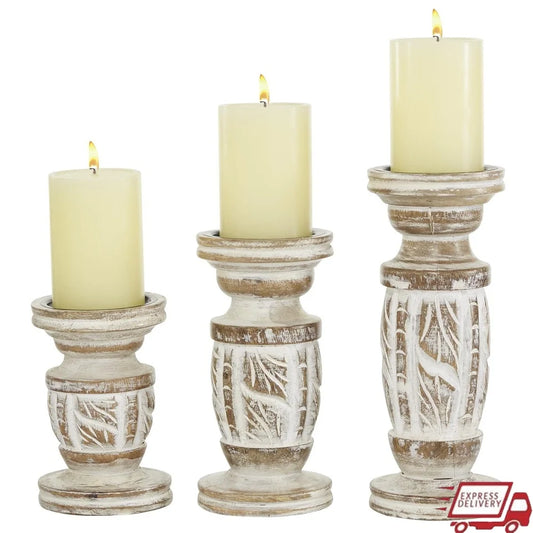 White Wash Wood Candle Holder Set of 3 Rustic Lanterns Centerpiece Home Decor Elegant Tabletop Accent Pillar Holder