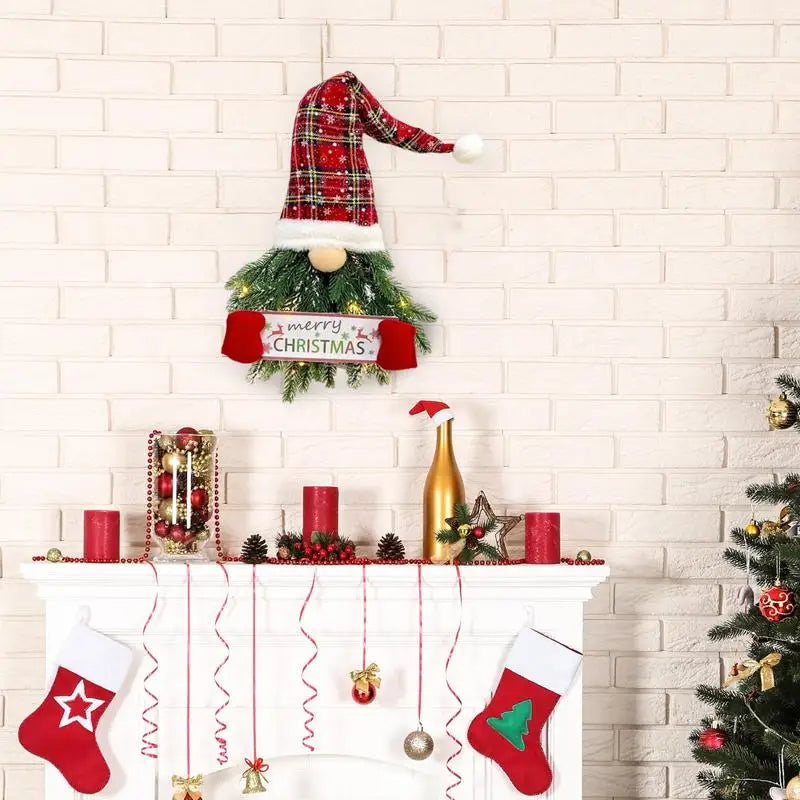 Christmas Door Wreath Gnome Wreath Pine Needle Christmas Wall Door Hanger With LED Lights Cute Faceless Doll Dwarf Pendant xmas