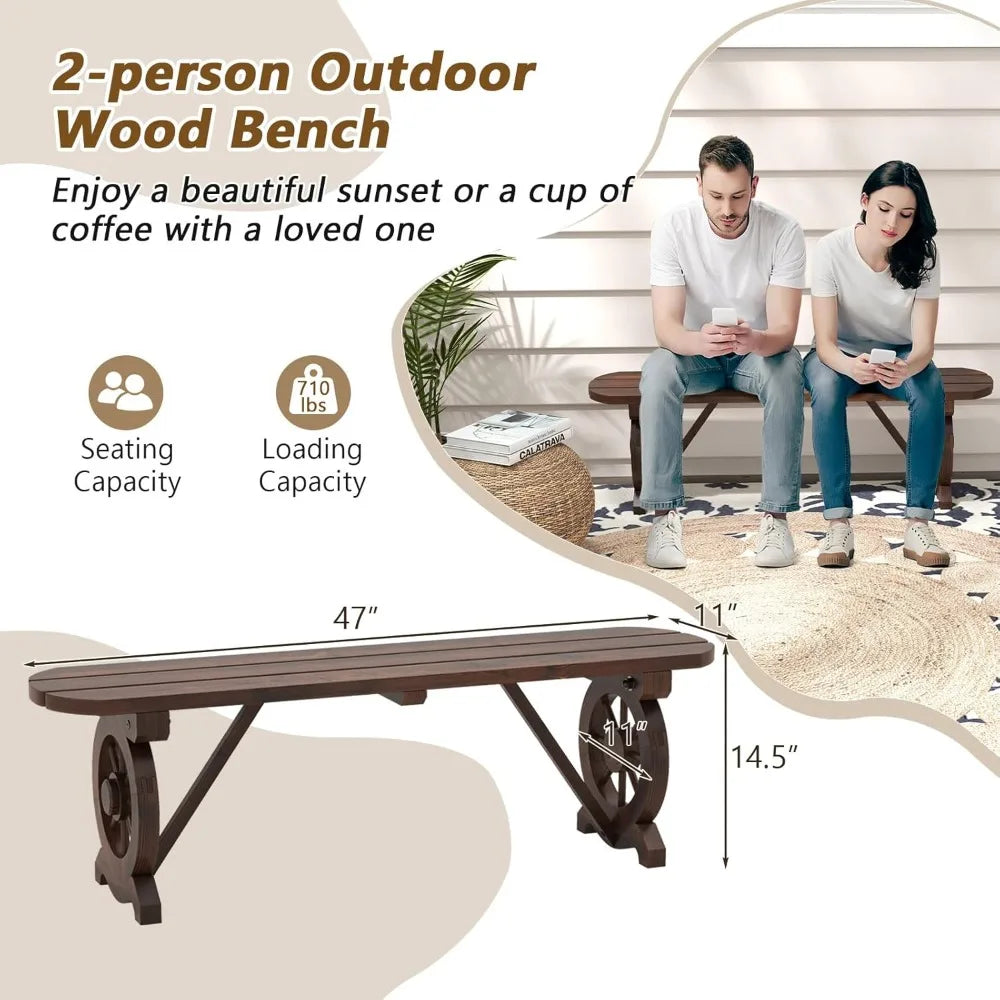 2-Person Wooden Outdoor Bench with Wagon Wheel Legs, Slatted Seat, Rustic Country Design, 710 Lbs Weight Capacity, Patio Bench