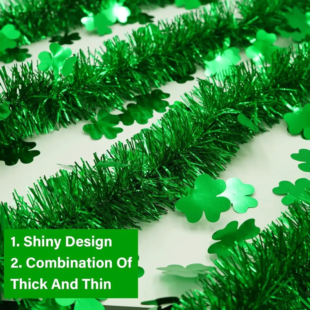 33 FT St Patricks Day Tinsel Garland St Patricks Day Decorations Shamrock Garland Clover Green Twist Metallic Hanging St Patrick