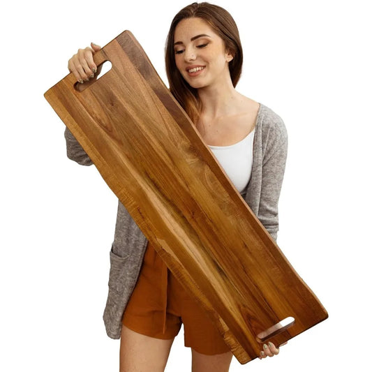 NEW-Large Acacia Serving Board with Handles, 36 x 12 Inch Rectangular Charcuterie Platter, Natural Wood Server for