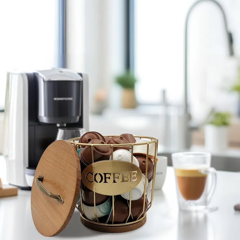 Round Coffee Pods Holder with Wooden Lid and Base Wire Coffee Pods Storage Basket for Home Cafe Bar Countertop Decor(Gold)