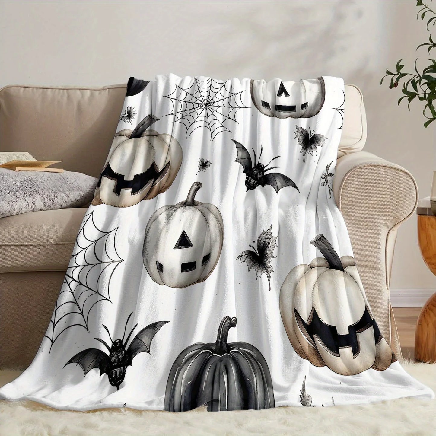Halloween Flannel Fleece Throw Blanket - 100% Polyester Knitted Soft Sofa Throw with Pumpkin, Bat, and Spider Web Design