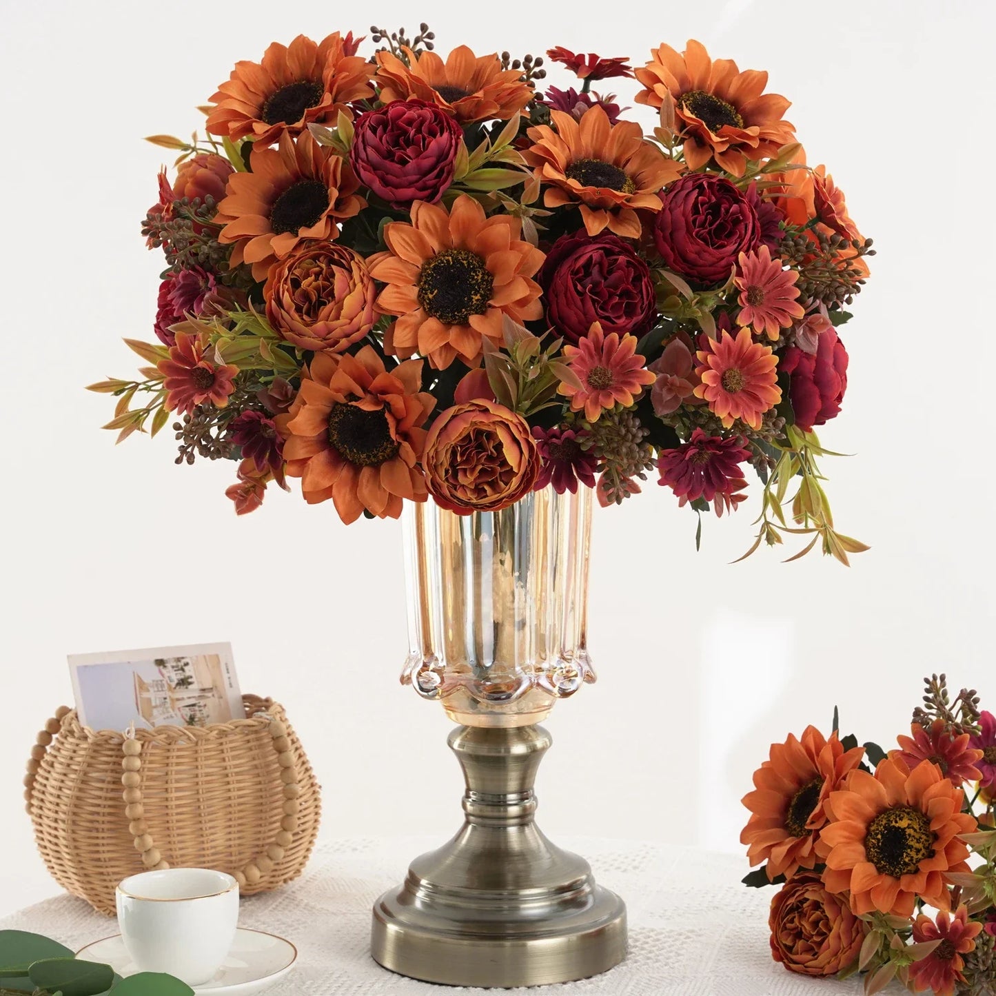 1/4Pcs Sunflowers peony Artificial Flowers Fall Summer Decor, Fake Fall Flowers Silk Faux Sunflower Bouquet Vines room decor