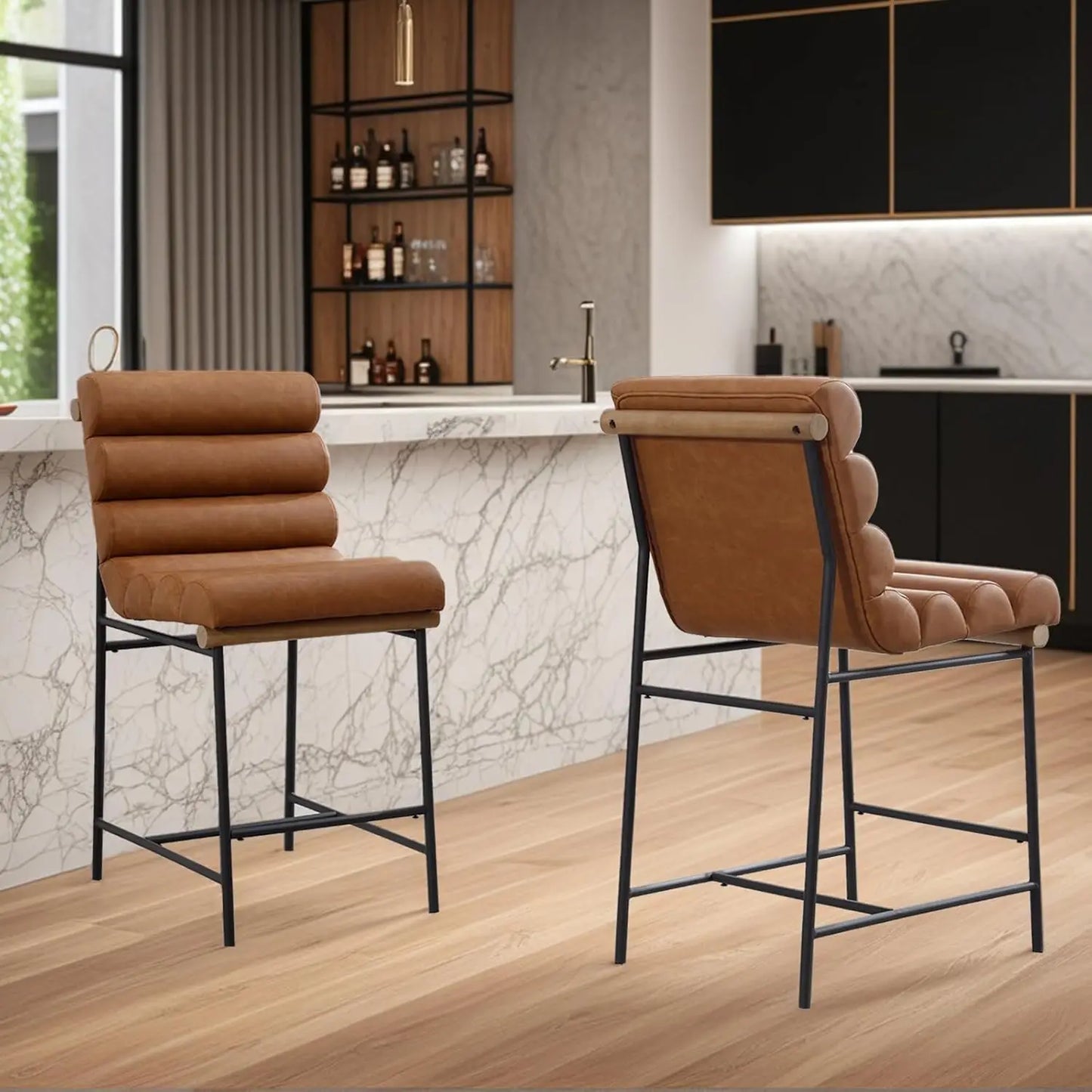 Bar stools Set of 2,25” Modern Upholstered Counter stools with Black Metal Legs, Sherpa Counter Height Chairs for Kitchen Island