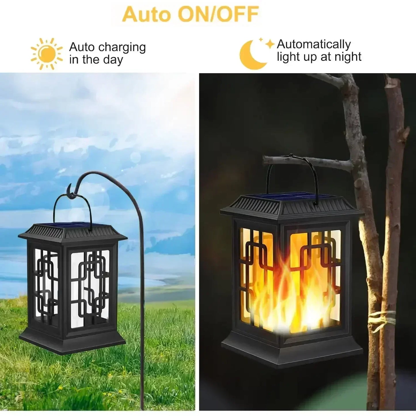 IP65 Waterproof Hanging Solar Light, Garden Solar Flame Light LED Lantern Light for Patio, Pathway, Deck, Yard (2 Pack)