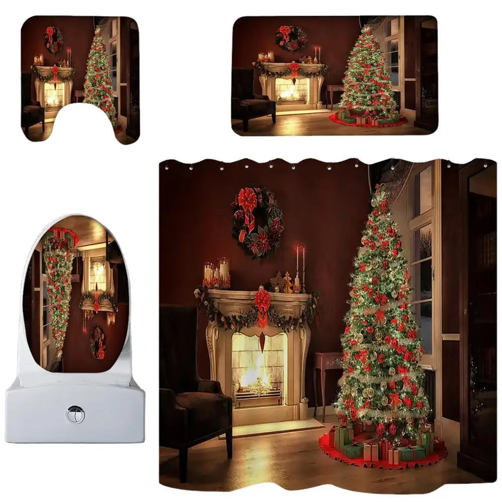 Christmas Shower Curtains Set Waterproof Bathroom Toilet Lid Cover Set Creative Shower Drapes Non-Slip Bath Mat For Home