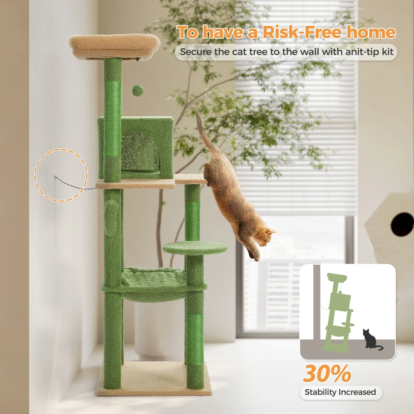 Green Cat Tree for Indoor Cats,  Large Hammock Cat Condo with Big Top Perch 5-Level Cat Tower for Large Cats with Metal Frame