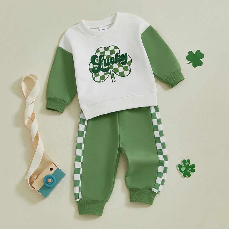 St Patrick s Day Costume Set Green Shamrock Print Shirt and Pants Outfit for Boys with Long Sleeves and Drawstring