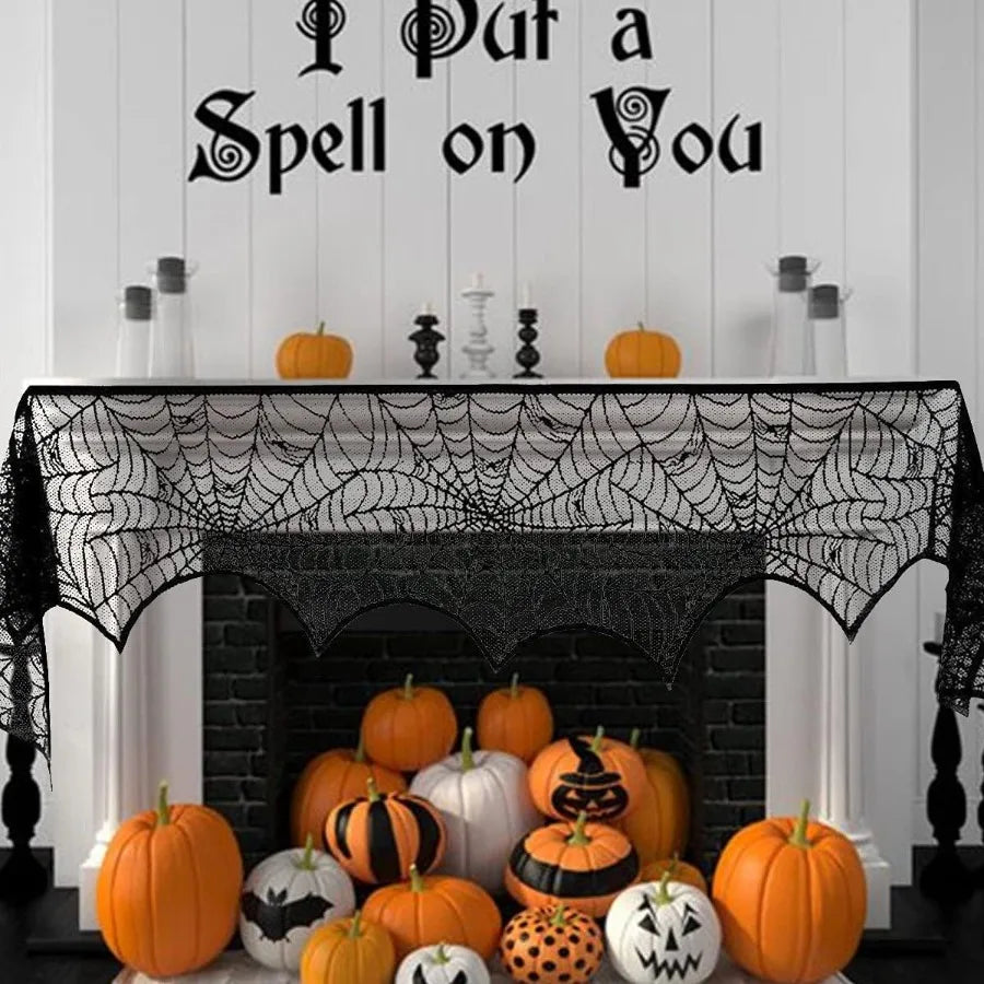 32 PCS Horrible dration set Lace Tablecloth Spider Web Pentagram Round Table Mat Black Spider Web Fireplace Cloth Suitable For