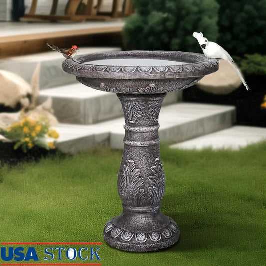 Large Vintage Carved Pedestal Bird Bath Outdoor Garden Fountain Durable Fiber Reinforced Concrete Easy Assembly Wildlife Water
