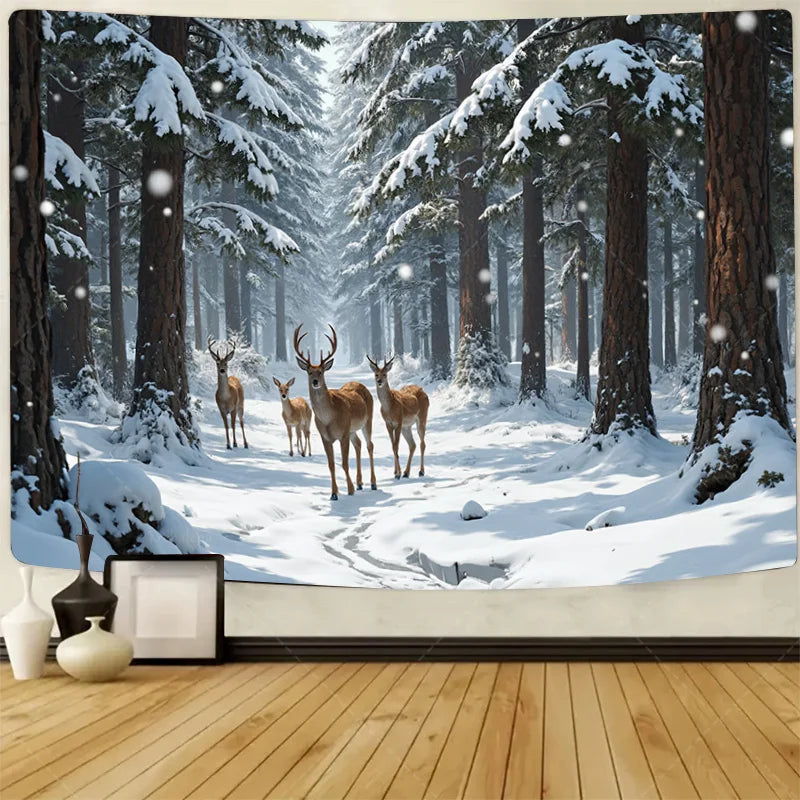 1pc Wall Tapestry "Enchanted Forest Deer Tapestry - Winter Wonderland Wall Art"