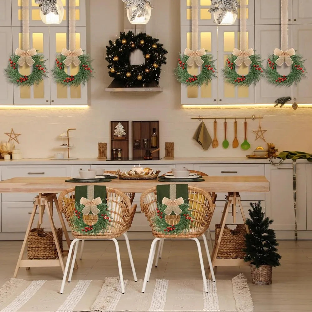 Artificial Greenery Mini Christmas Wreaths - 12 Pack, 9 Inch Small Kitchen Cabinet Decorations with Plaid Bow Ribbons, Hanging H