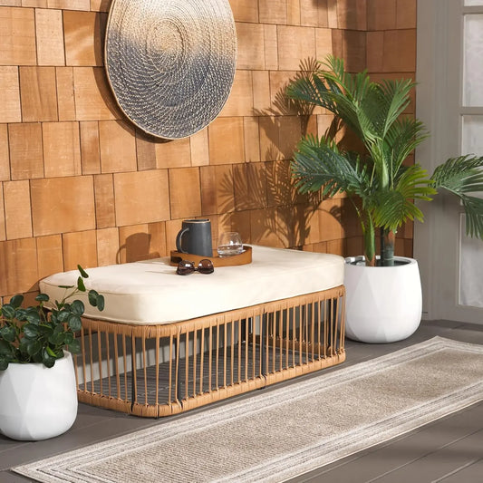 Outdoor Collection Bola Natural Brown Faux Rattan/Beige Cushion Bench (Fully Assembled)