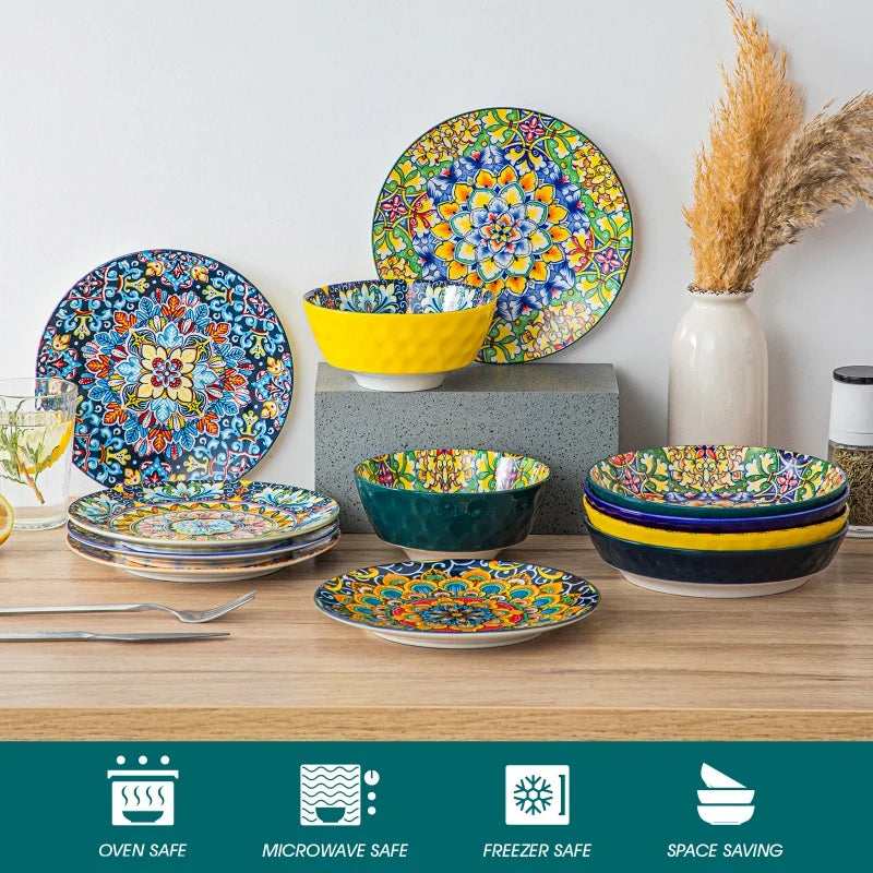 Malacasa Bohemia Retro Ceramic Dinnerware Set Free US Shipping Healthy & Non-Toxic Vibrant Colors 12/16/24 Pieces Plates Bowls