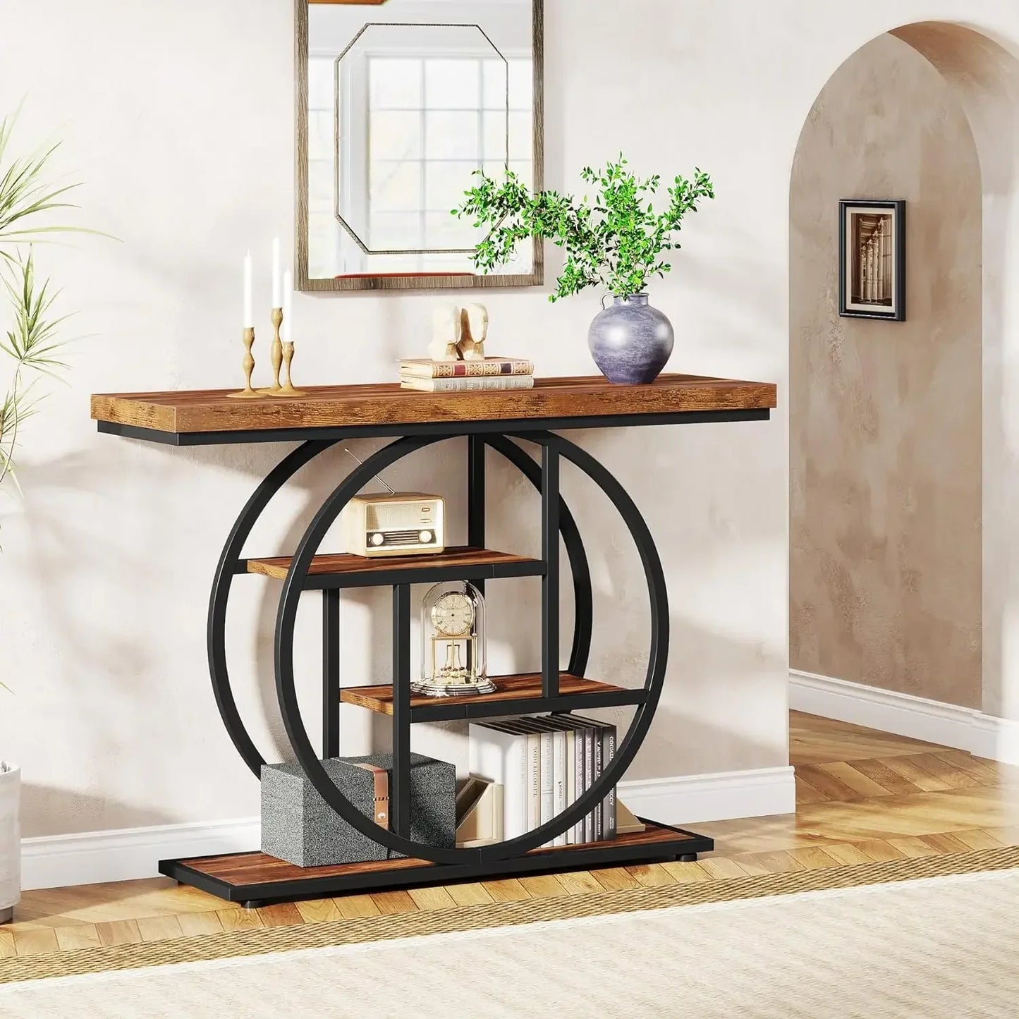 Customizable 41.3" Console Table, Industrial 4-Tier Sofa Table Entryway Table With Circle Base