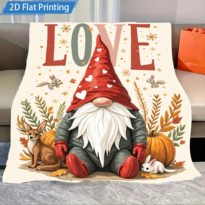 1pc Flannel Blanket Christmas Gnome Love Print Blanket Cozy Holiday Decor for Home and Bedding