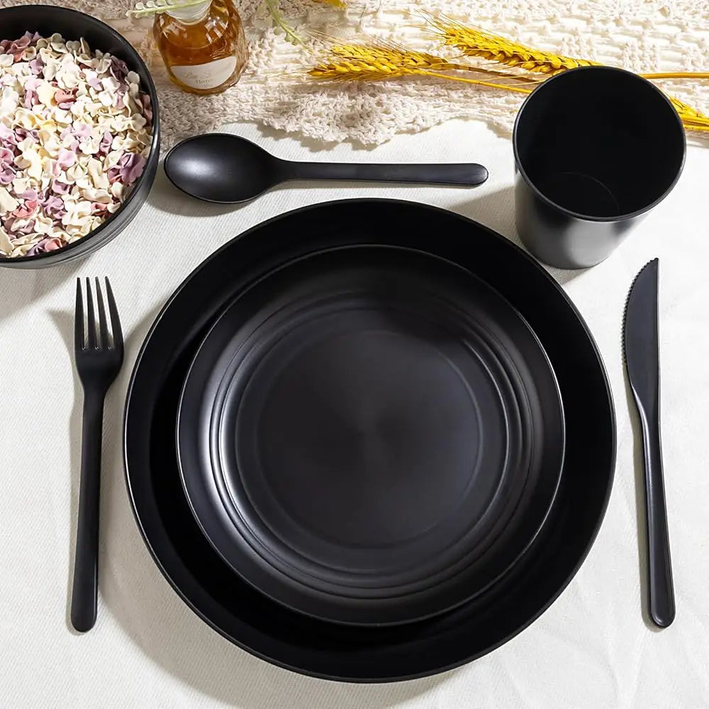 Liyh 24Pcs Wheat Straw Dinnerware Sets Unbreakable Dinner Plates And Bowls Set Bla Plastic Dinnerware Set Lude 12Pcs Wheat